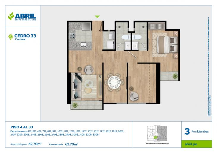 Plano del modelo CED-A-412 AL 2012, 2107, 2209, 2308 AL 3308 del proyecto Cedro 33 en Cercado de lima