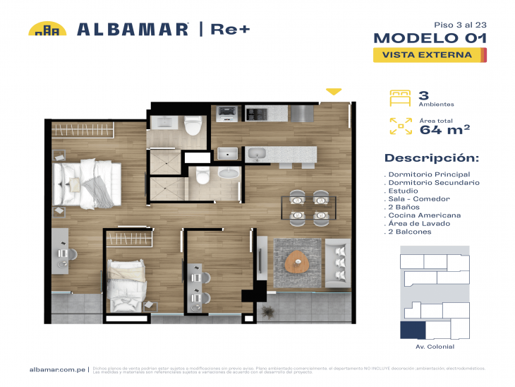 Plano del modelo MODELO 1 del proyecto Albamar | Re+ en Cercado de lima