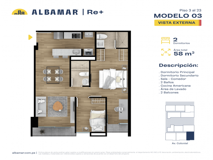 Plano del modelo MODELO 3 del proyecto Albamar | Re+ en Cercado de lima