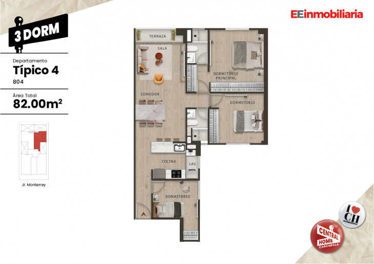 Plano del modelo Dpto. 804 del proyecto Central Home Chacarilla en Santiago De Surco