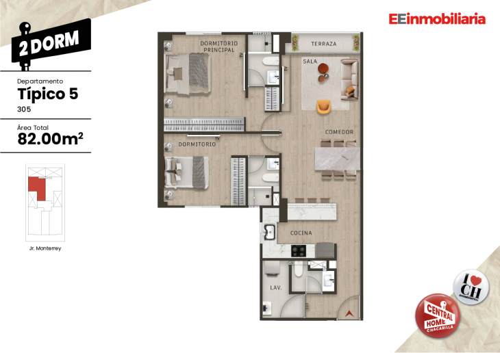 Plano del modelo Dpto. 305 del proyecto Central Home Chacarilla en Santiago De Surco