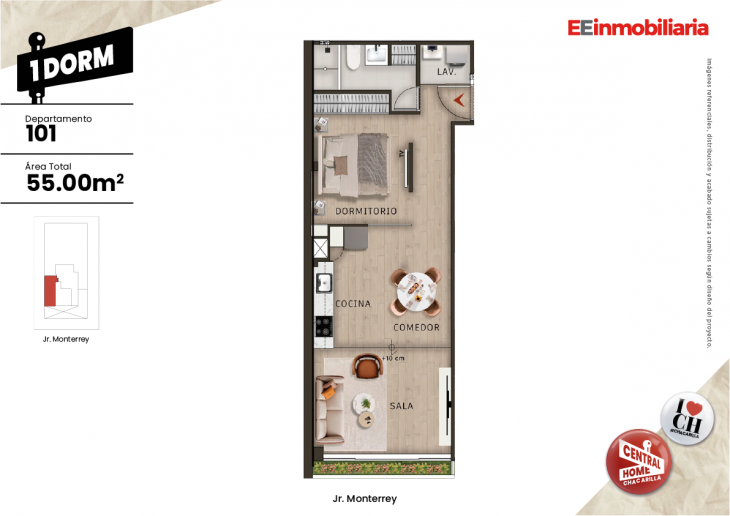 Plano del modelo Dpto. 101 del proyecto Central Home Chacarilla en Santiago De Surco