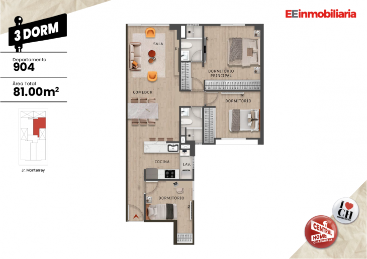 Plano del modelo Dpto. 904 del proyecto Central Home Chacarilla en Santiago De Surco
