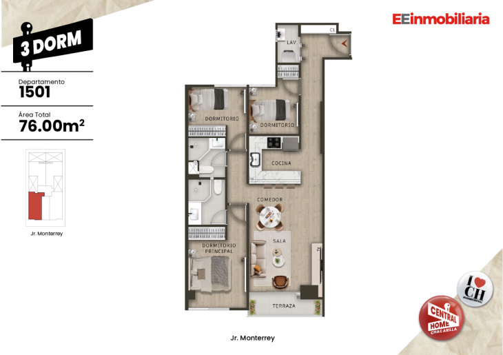 Plano del modelo Dpto. 1501 del proyecto Central Home Chacarilla en Santiago De Surco