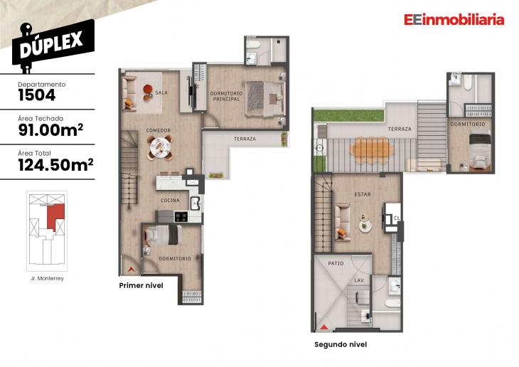 Plano del modelo Duplex 1504 del proyecto Central Home Chacarilla en Santiago De Surco