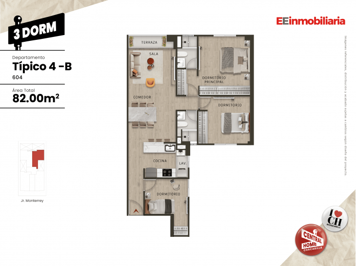 Plano del modelo Típico 4-B del proyecto Central Home Chacarilla en Santiago De Surco