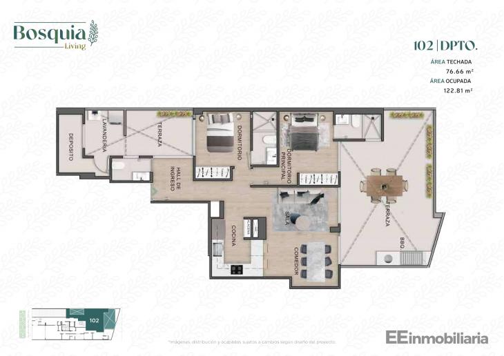 Plano del modelo Dpto. 102 del proyecto Bosquia Living en Santiago De Surco
