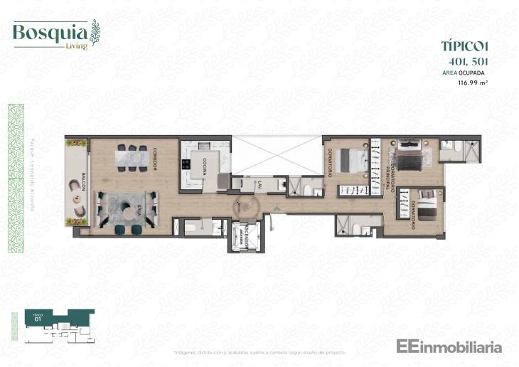 Plano del modelo Tipo 01-B del proyecto Bosquia Living en Santiago De Surco