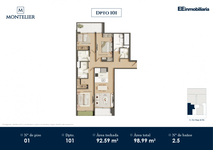 Plano del modelo Dpto. 101 del proyecto Montelier en Santiago De Surco