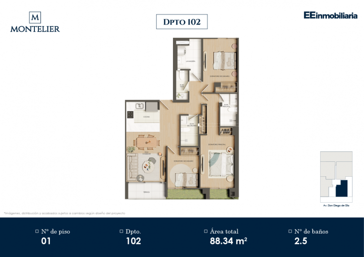 Plano del modelo Dpto. 102 del proyecto Montelier en Santiago De Surco