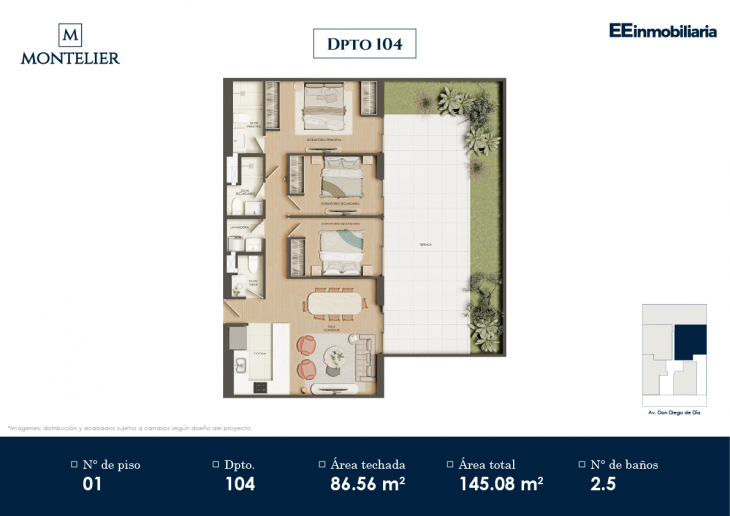 Plano del modelo Dpto. 104 del proyecto Montelier en Santiago De Surco