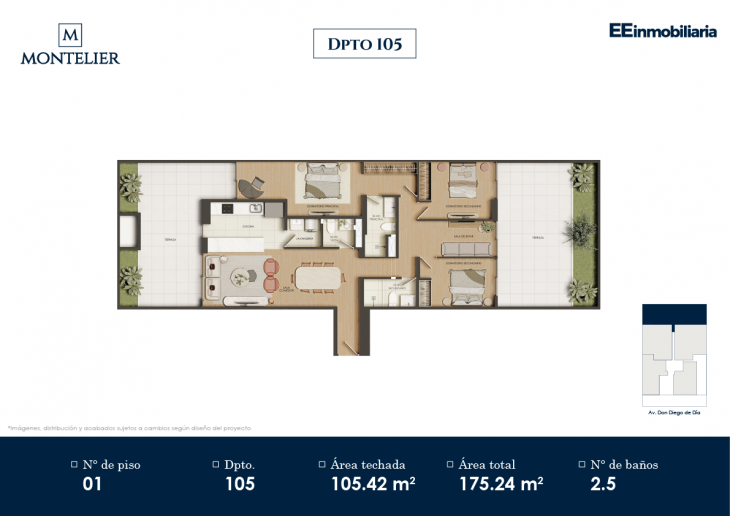 Plano del modelo Dpto. 105 del proyecto Montelier en Santiago De Surco
