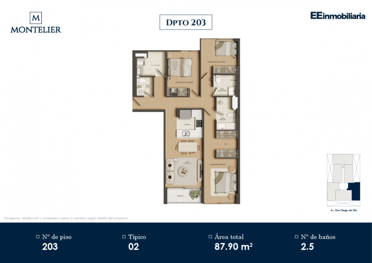 Plano del modelo Dpto. 203 del proyecto Montelier en Santiago De Surco