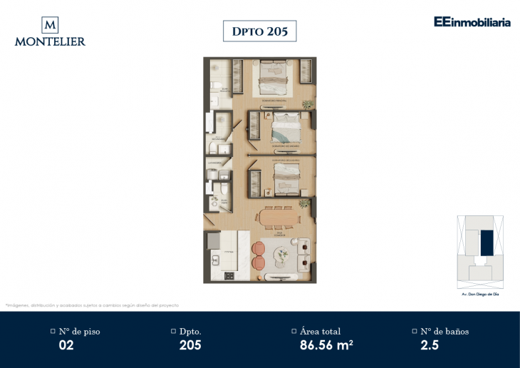 Plano del modelo Dpto. 205 del proyecto Montelier en Santiago De Surco