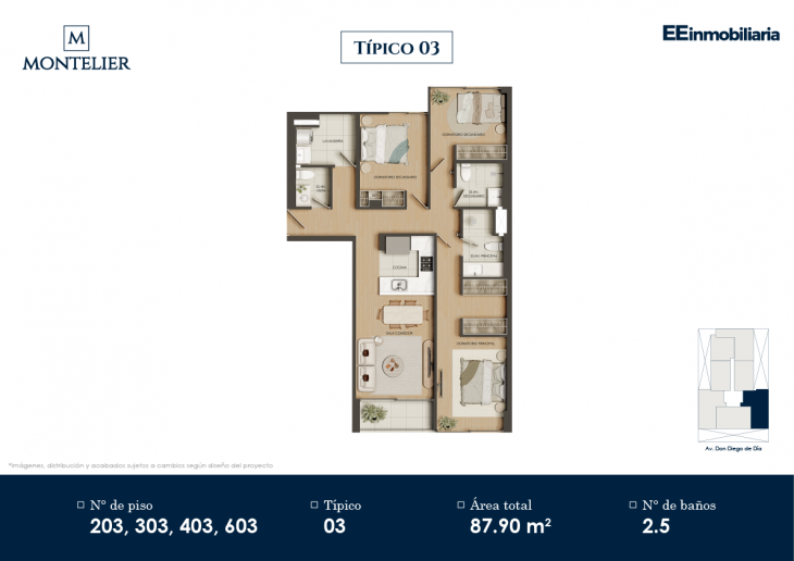 Plano del modelo Típico 3 del proyecto Montelier en Santiago De Surco