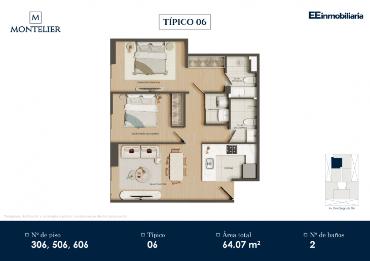 Plano del modelo Típico 6 del proyecto Montelier en Santiago De Surco