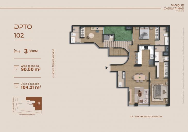 Plano del modelo Dpto. 102 del proyecto Parque Casuarinas en Santiago De Surco