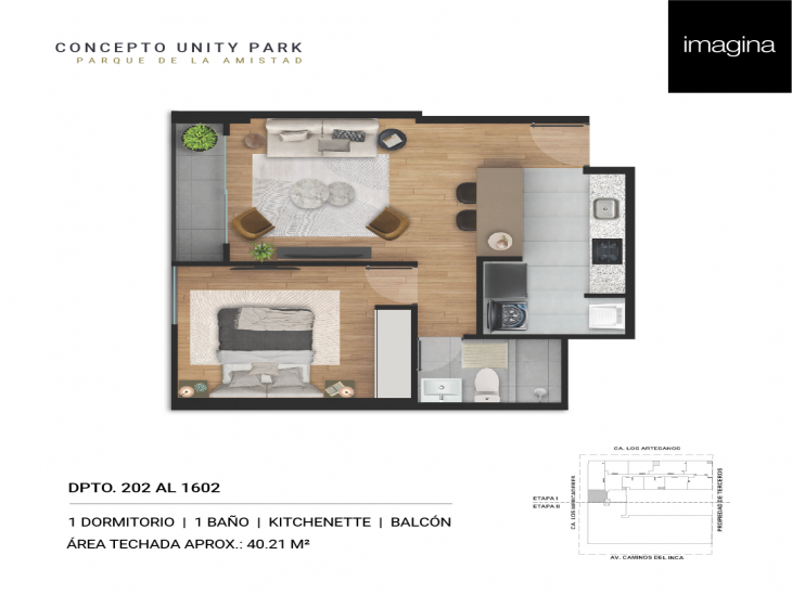 Plano del modelo 1 Dormitorio + Kitchenette del proyecto Concepto Unity Park en Santiago De Surco
