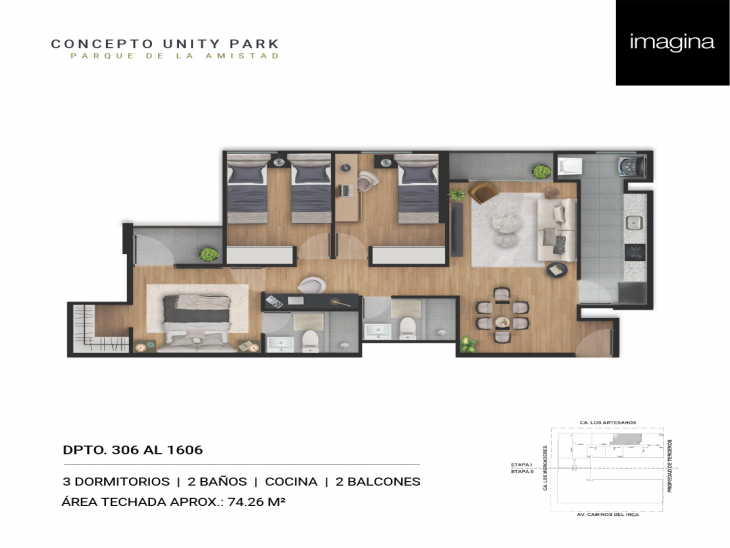 Plano del modelo 3 Dormitorios + Cocina del proyecto Concepto Unity Park en Santiago De Surco