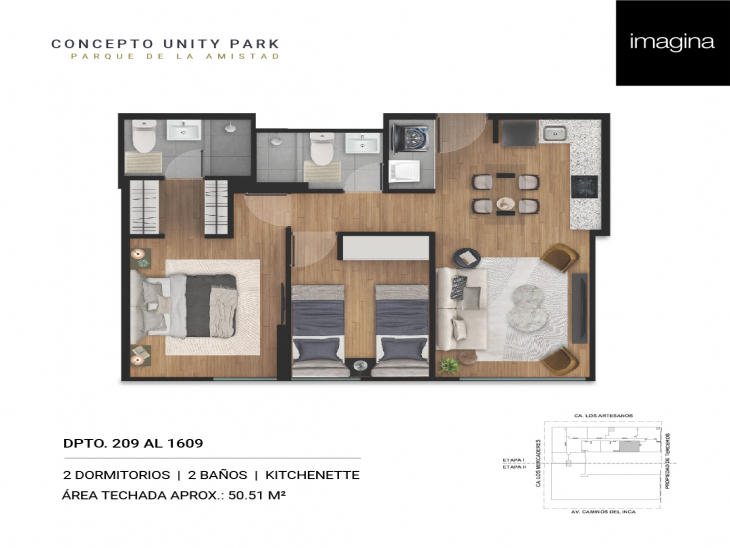 Plano del modelo 2 Dormitorios + Kitchenette del proyecto Concepto Unity Park en Santiago De Surco
