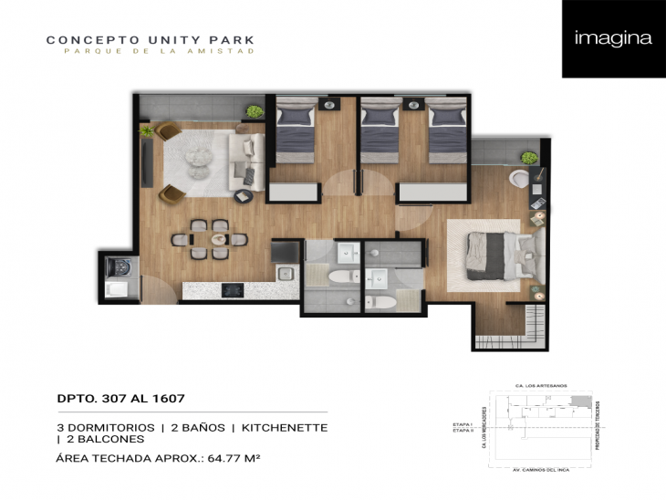 Plano del modelo 3 Dormitorios + Kitchenette del proyecto Concepto Unity Park en Santiago De Surco