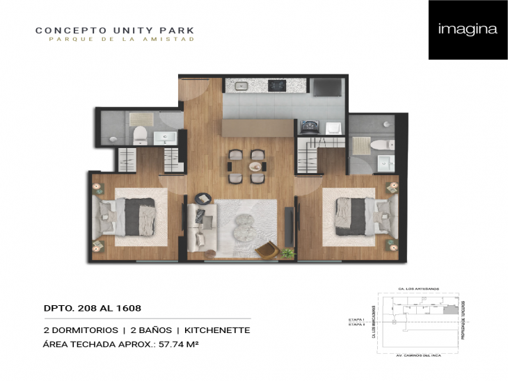 Plano del modelo 2 Dormitorios + Kitchenette (Mariposa) del proyecto Concepto Unity Park en Santiago De Surco