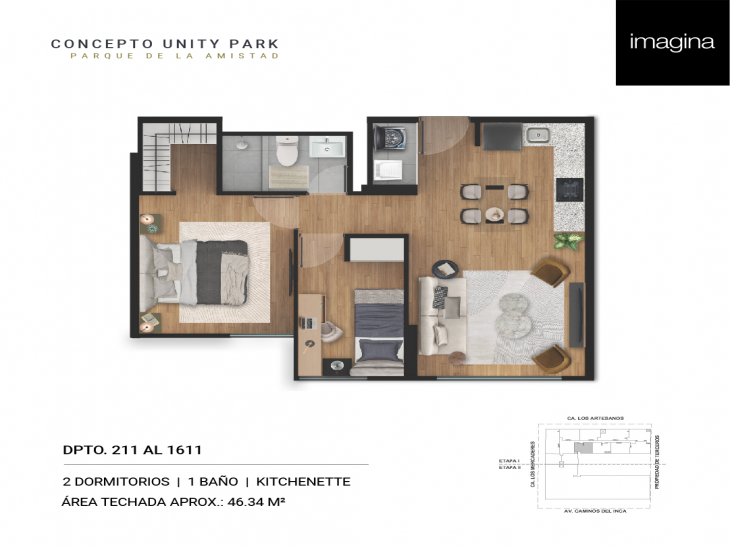 Plano del modelo 1.5 Dormitorio + Kitchenette del proyecto Concepto Unity Park en Santiago De Surco