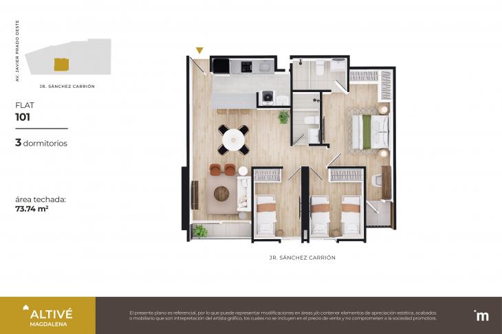 Plano del modelo Flat 101 del proyecto Altivé en Magdalena Del Mar
