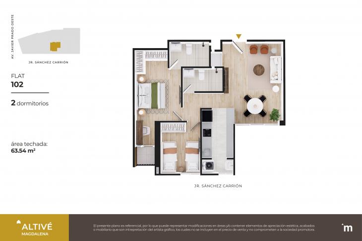 Plano del modelo Flat 102 del proyecto Altivé en Magdalena Del Mar