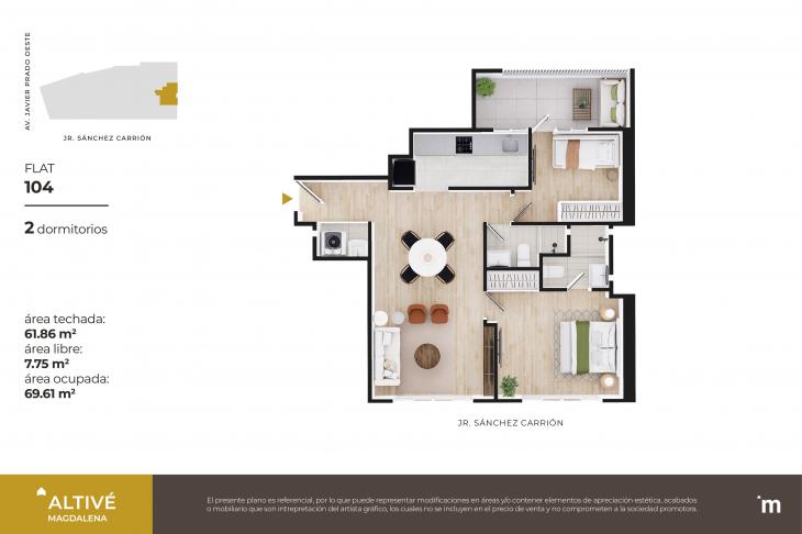 Plano del modelo Flat 104 del proyecto Altivé en Magdalena Del Mar