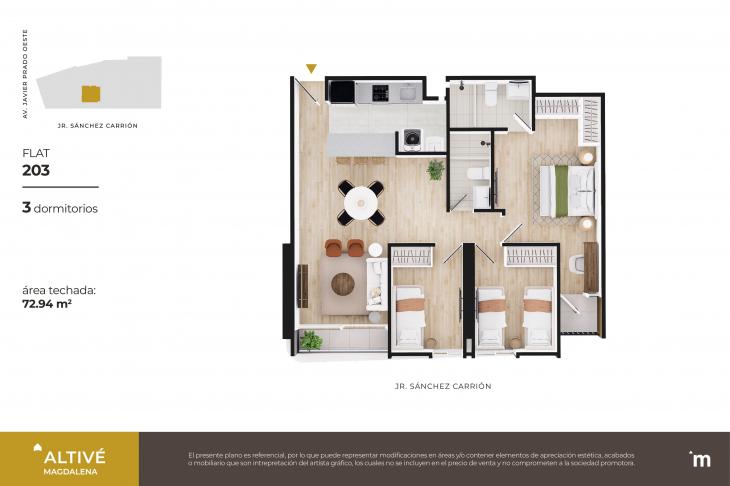 Plano del modelo Flat 203 del proyecto Altivé en Magdalena Del Mar