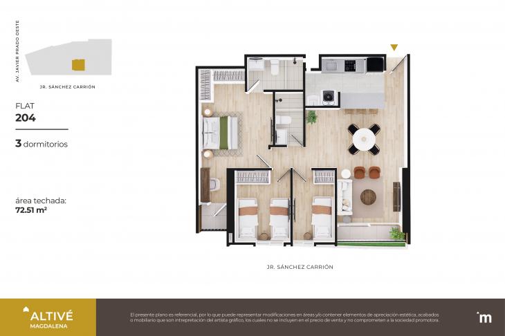 Plano del modelo Flat 204 del proyecto Altivé en Magdalena Del Mar