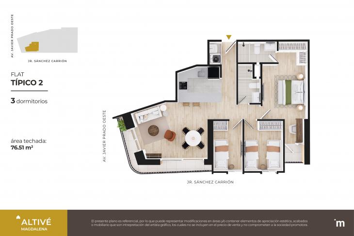 Plano del modelo Flat Típico 02 del proyecto Altivé en Magdalena Del Mar
