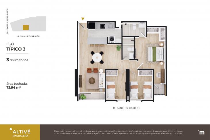 Plano del modelo Flat Típico 03 del proyecto Altivé en Magdalena Del Mar