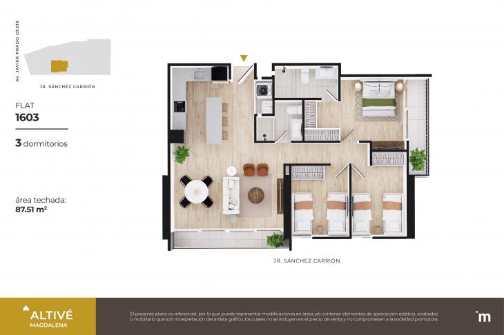 Plano del modelo Flat 1603 y 1703 del proyecto Altivé en Magdalena Del Mar