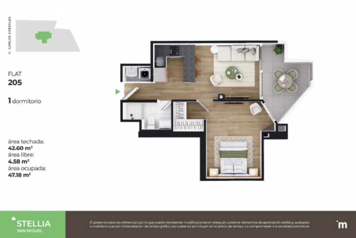Plano del modelo Flat 205 del proyecto Stellia en San Miguel