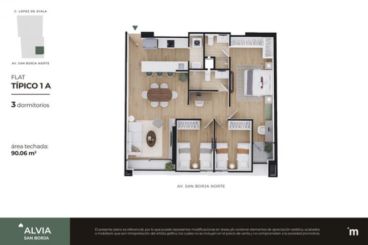 Plano del modelo FLAT TÍPICO 1A del proyecto Alvia en San Borja