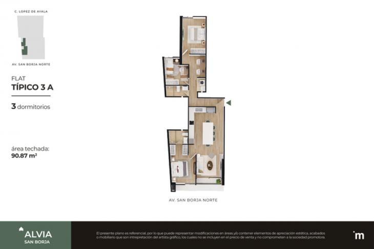 Plano del modelo FLAT TÍPICO 3A del proyecto Alvia en San Borja