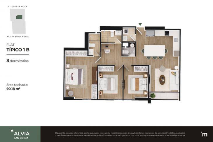 Plano del modelo FLAT TÍPICO 1B del proyecto Alvia en San Borja