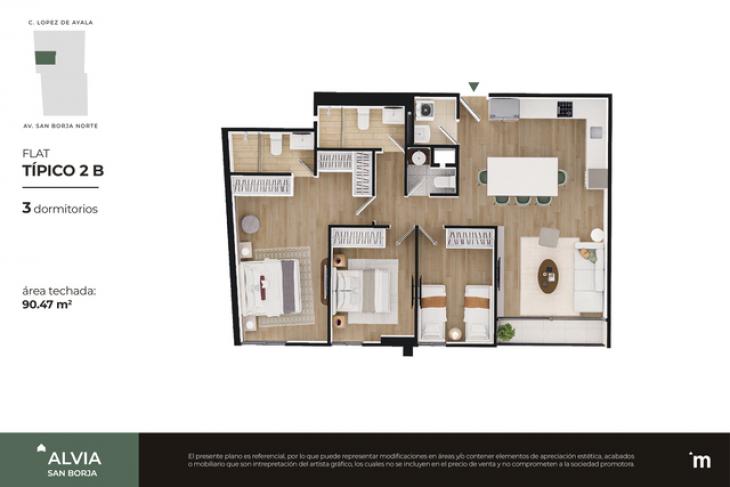 Plano del modelo FLAT TÍPICO 2B del proyecto Alvia en San Borja