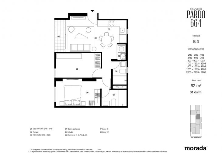Plano del modelo B-3 del proyecto Pardo 664 en Miraflores