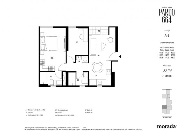 Plano del modelo A-3 del proyecto Pardo 664 en Miraflores