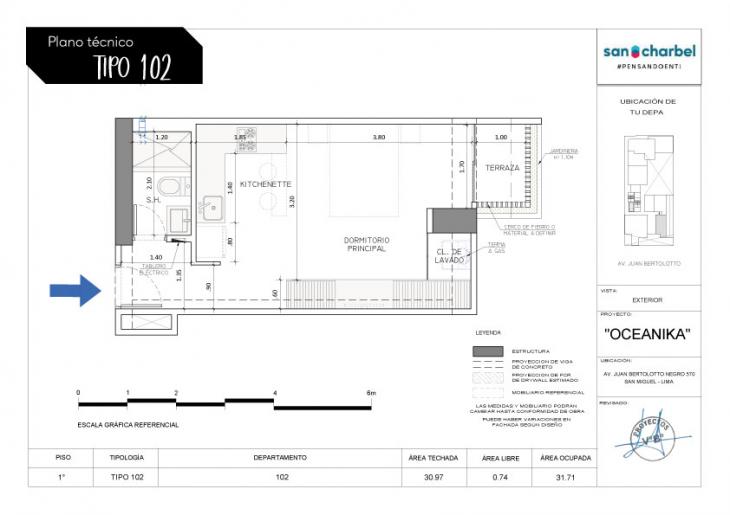 Plano del modelo TIPO 102 del proyecto OCEANIKA en San Miguel
