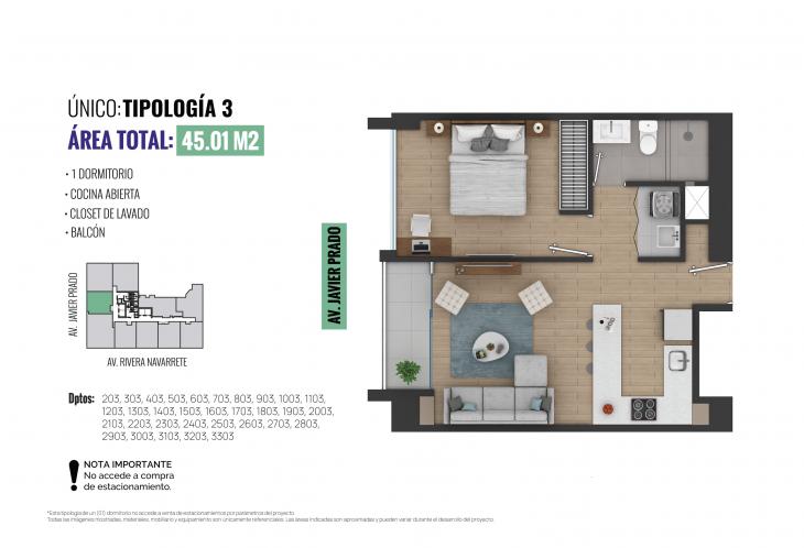 Plano del modelo TIPO 3 del proyecto All San Isidro en San Isidro